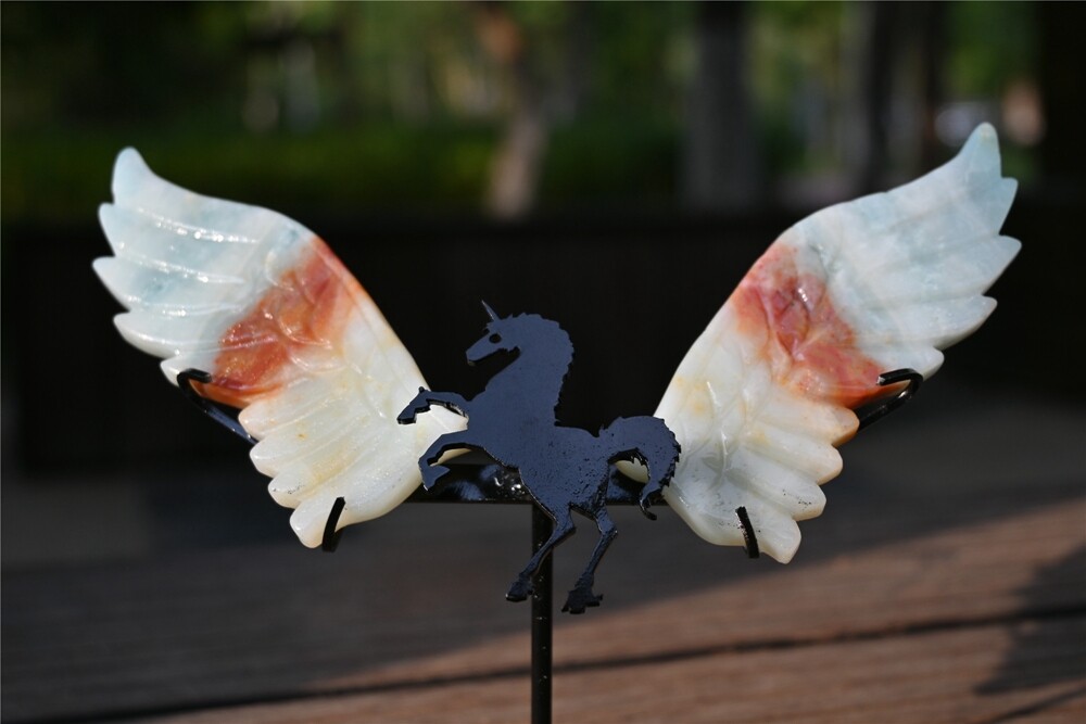 0.33LB Natural Amazon Jasper Wings Quartz Carved Crystal Skull Decoration +Stand
