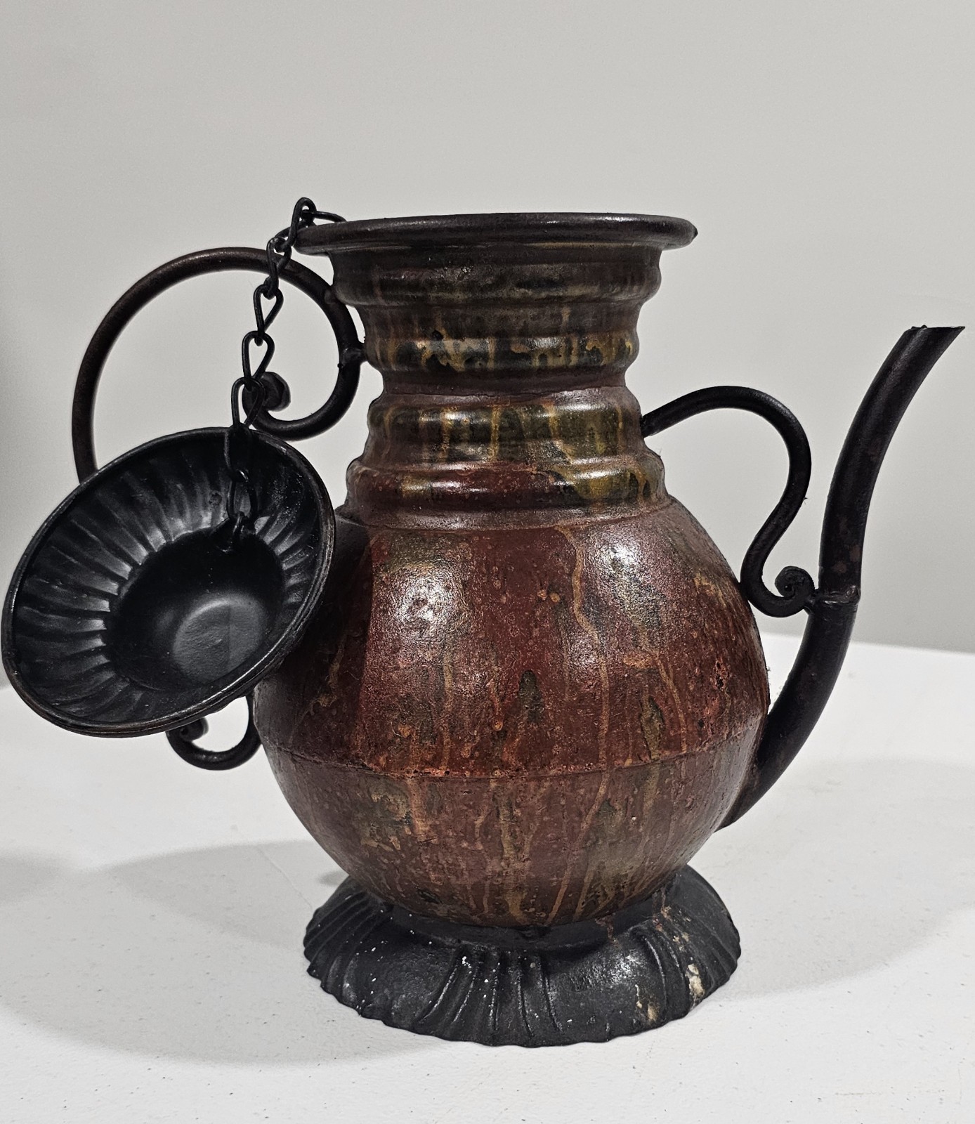 Antique Cast Metal Pitcher Brown Vintage Finish Curved Handle & Spout 11″ H