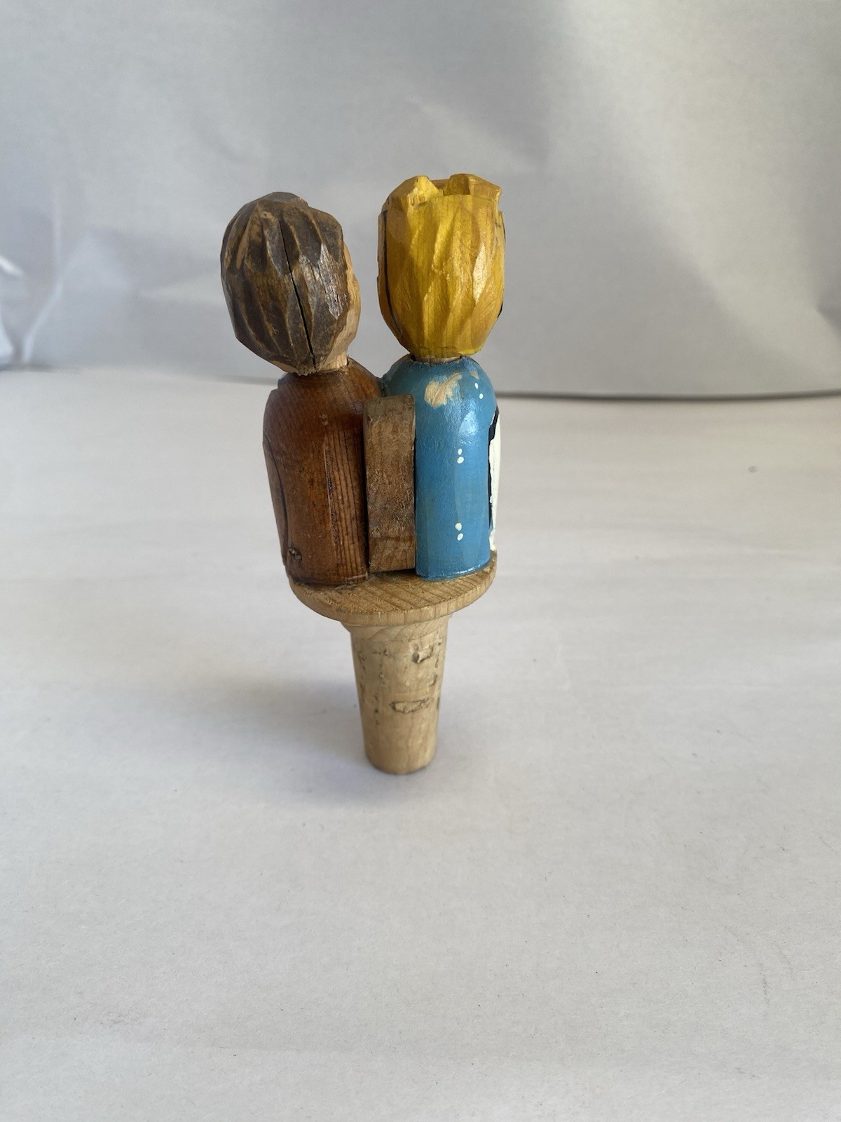 Vintage Hand Carved Mechanical Wooden Kissing Couple Bottle Cork