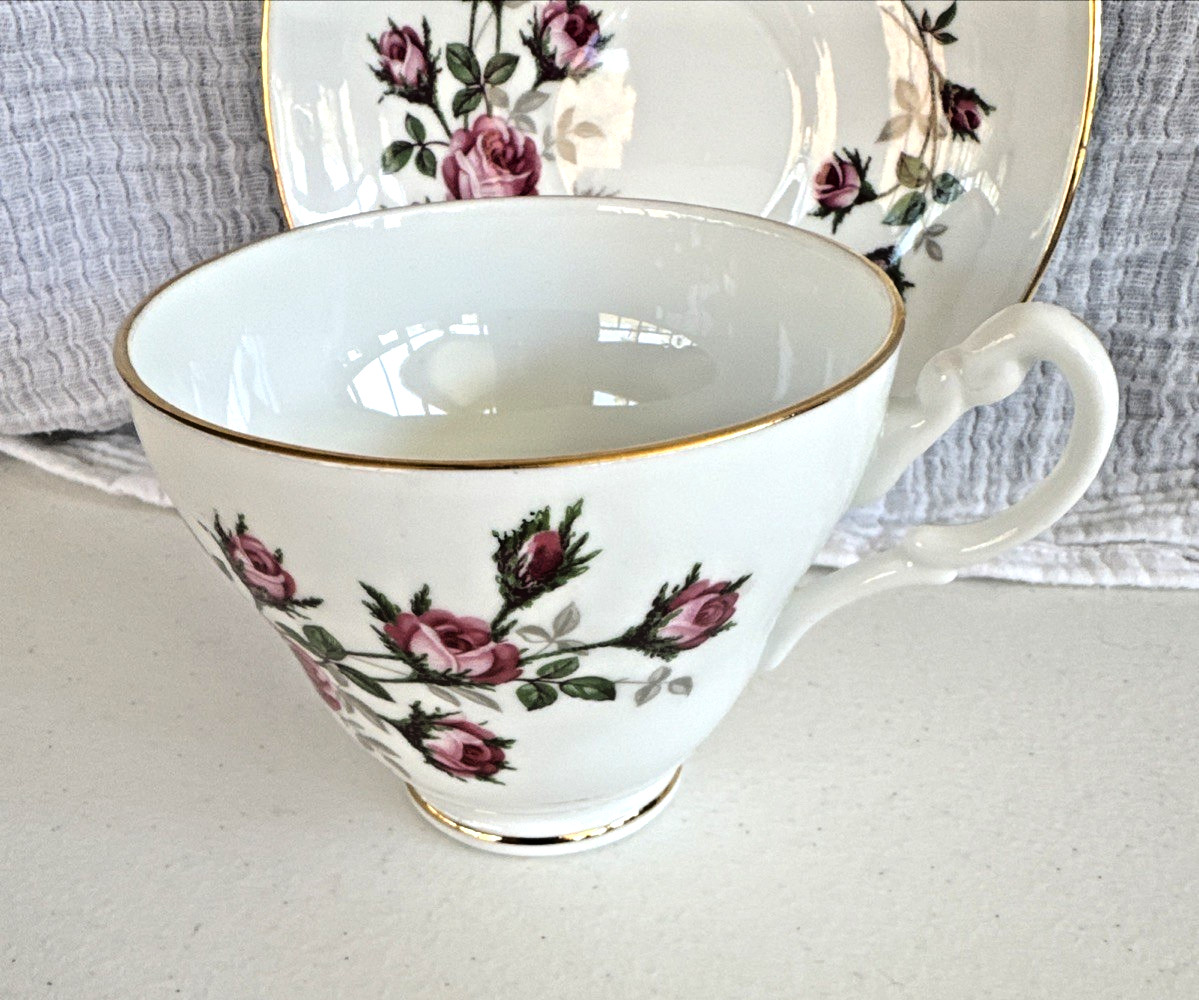 English Bone China Cup & Saucer Vintage White and Gold Pink Roses Hand Painted