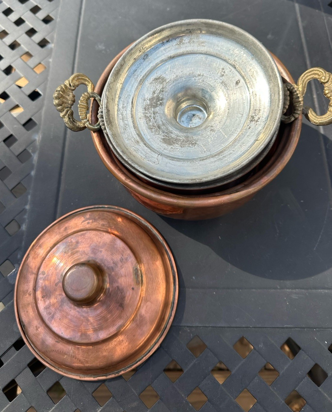 Turkish Copper Lidded Pots Set of 3 Brass Handles Decorative Kitchen Display