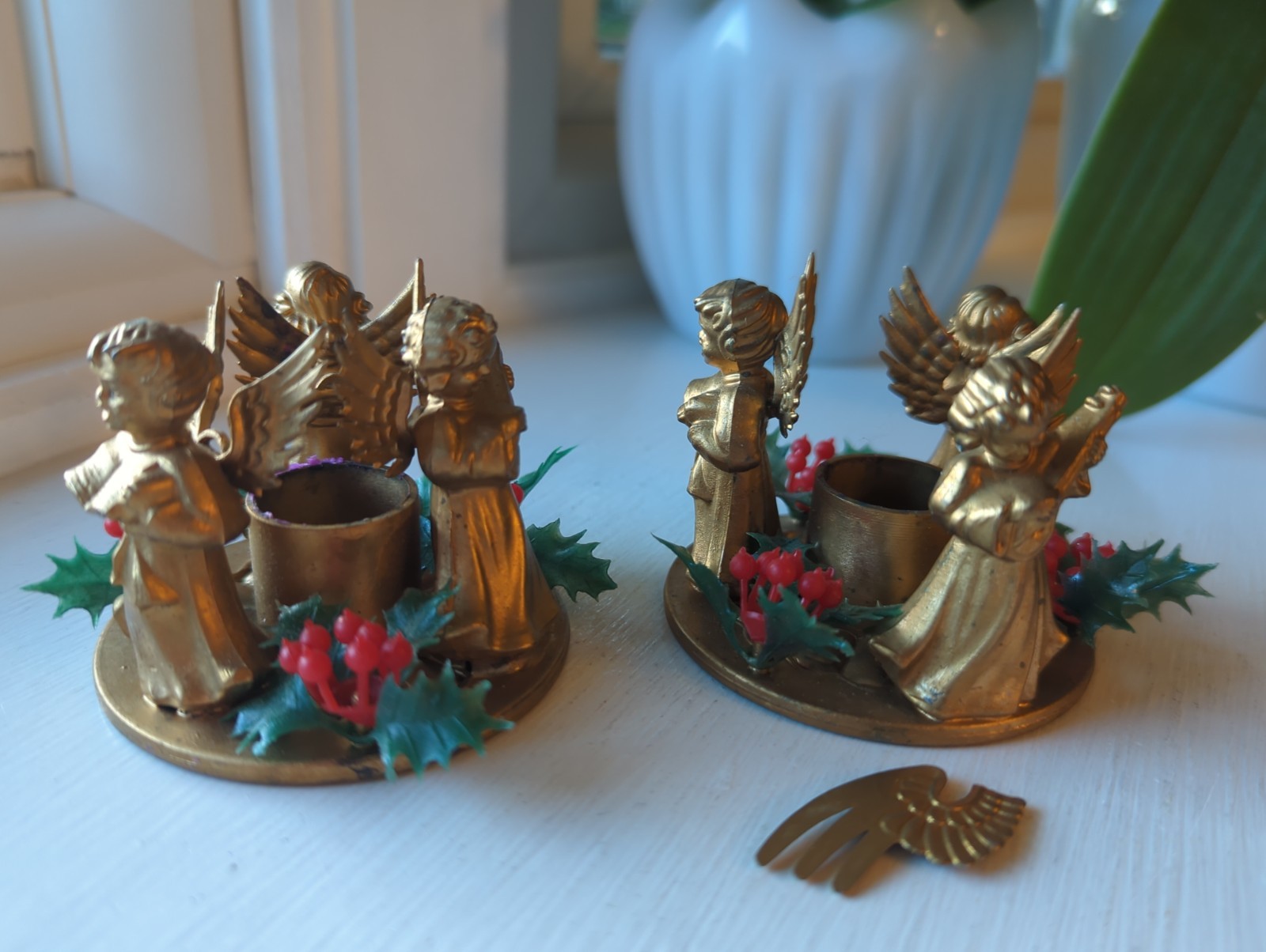 Vintage Pair of Christmas Plastic Gold Angel Trio Candle Holders MCM Hong Kong
