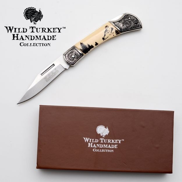 Wild Turkey Scrimshaw Manual Folding Knife-Wolf Artwork Handle + Leaf Pattern