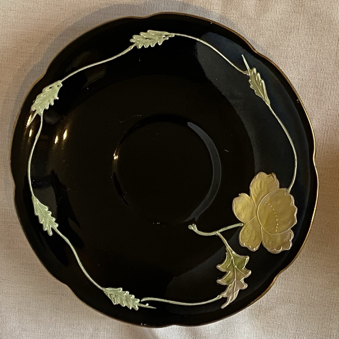 Vtg Merit Tea Cup & Saucer Black W/ Yellow Flowers 3D Hand painted Japan China