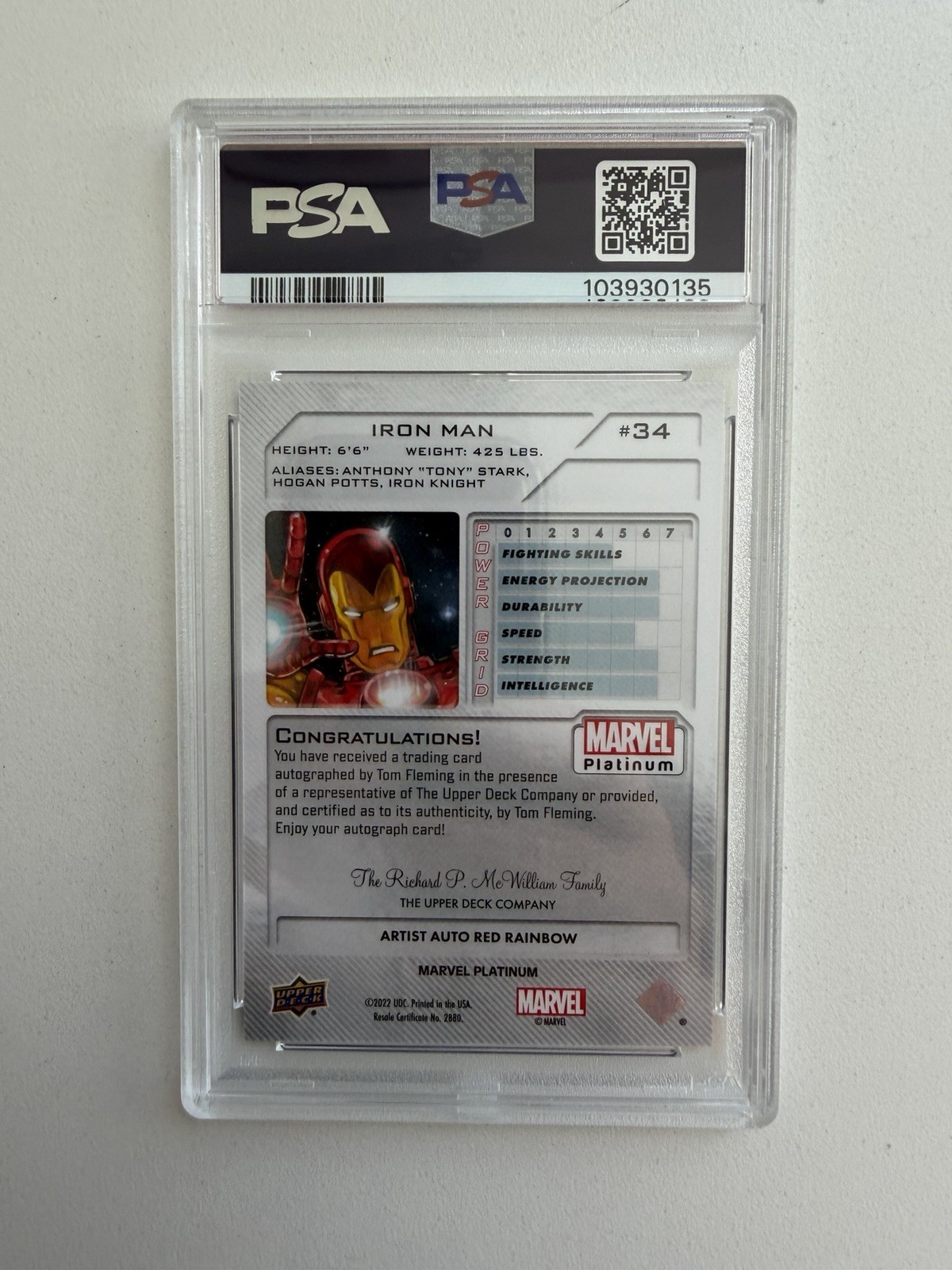 2023 Marvel Platinum Red Rainbow Artist Iron Man Tom Fleming #34 Autograph PSA 9