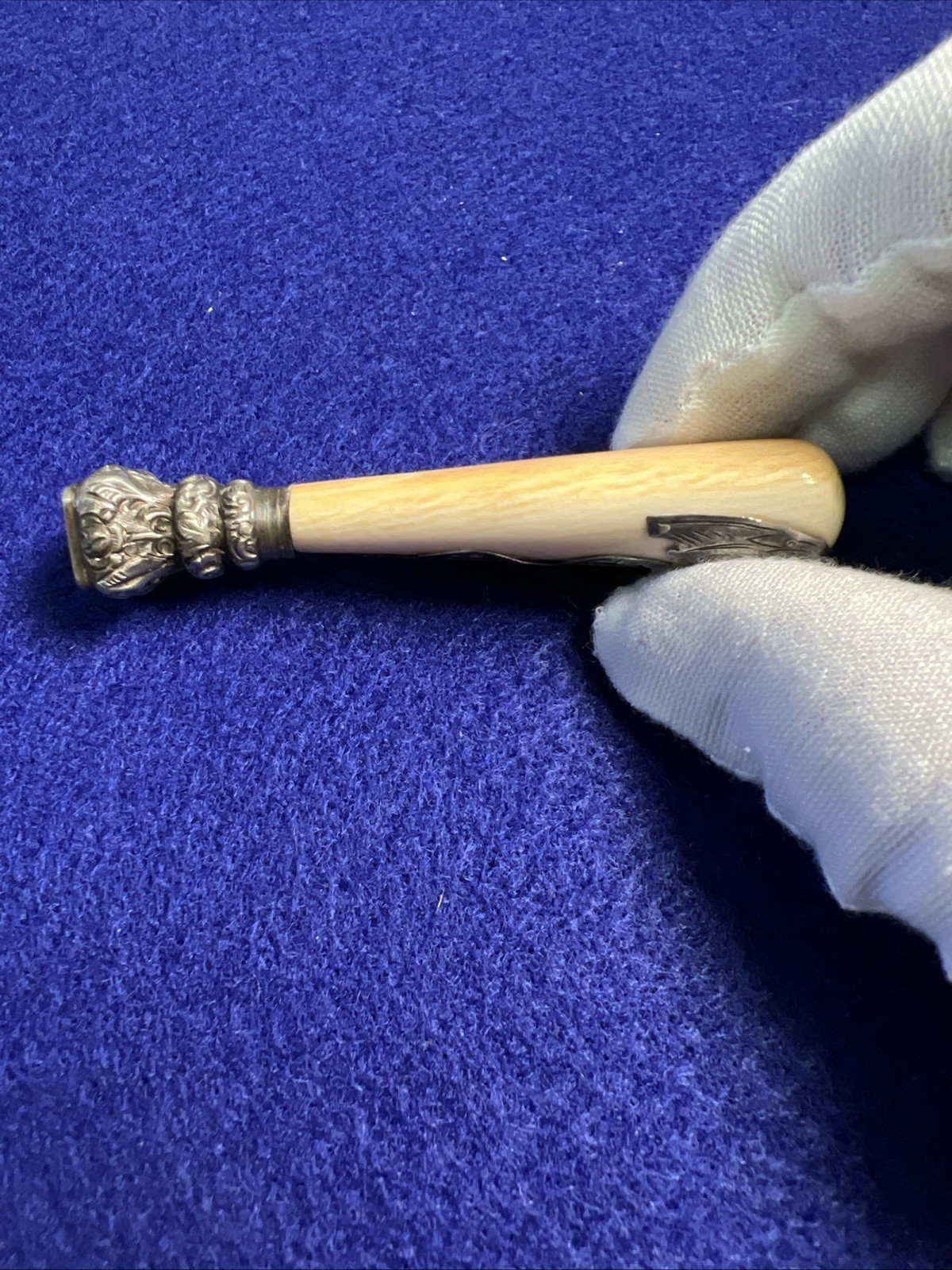 Antique Ivorine Wax Seal Stamp Silver Filigree Decorated Handle