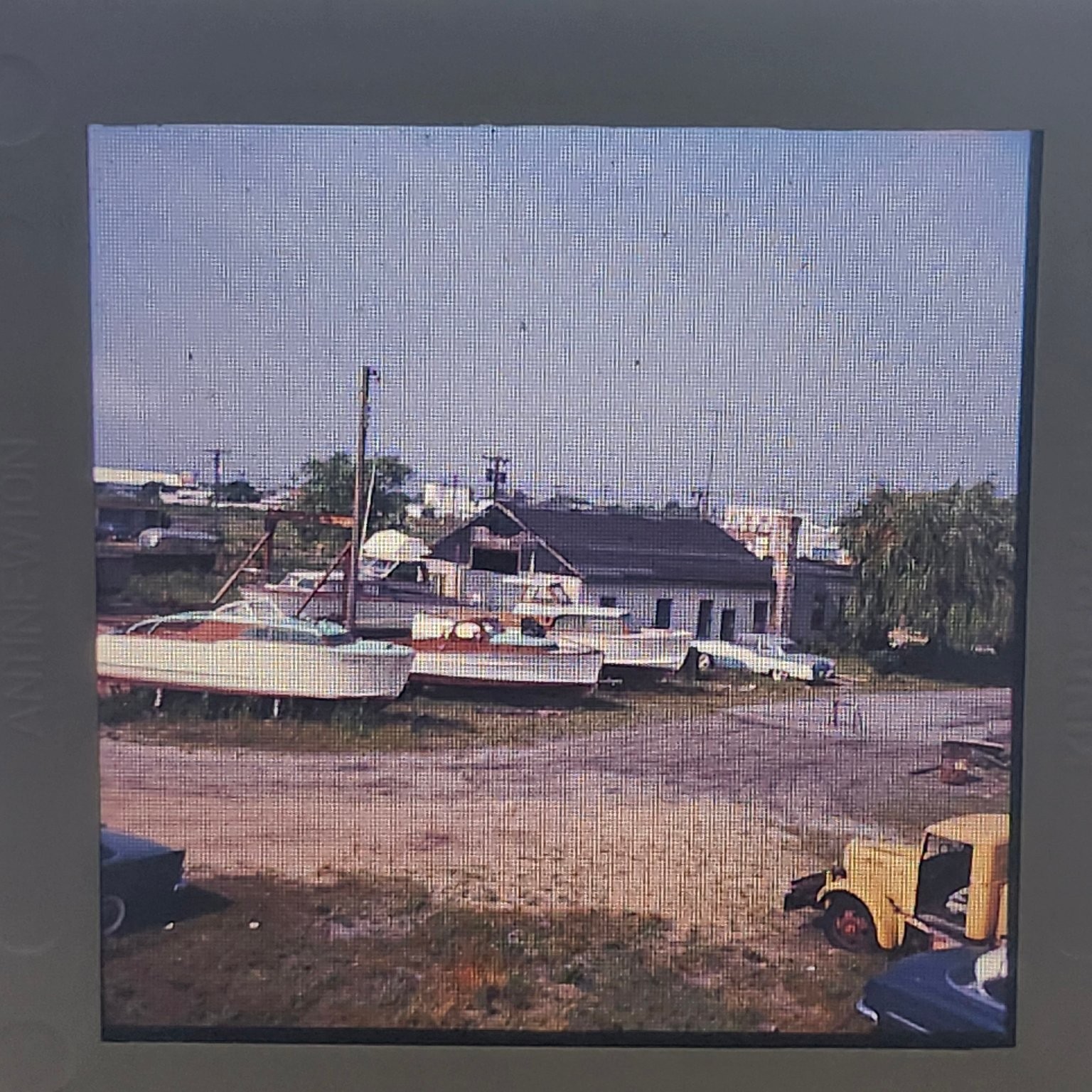 Vintage 1950s Medium Format Color Slide Boat Yard Marina Classic Cars Trucks