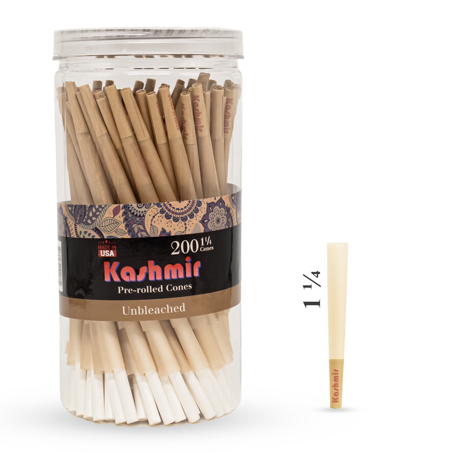 Unbleached 1 1/4 Size Pre Rolled Cones 200 Pack Classic Rolling Cones Kashmir