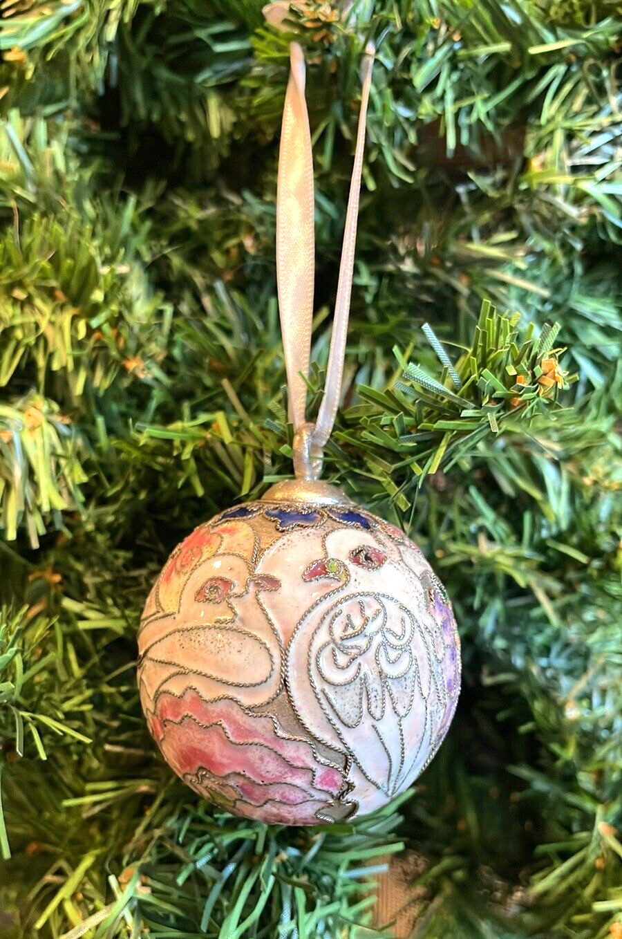 Vintage Nyco Cloisonne Christmas Ball Round Ornament Turtle Doves Silver Enamel