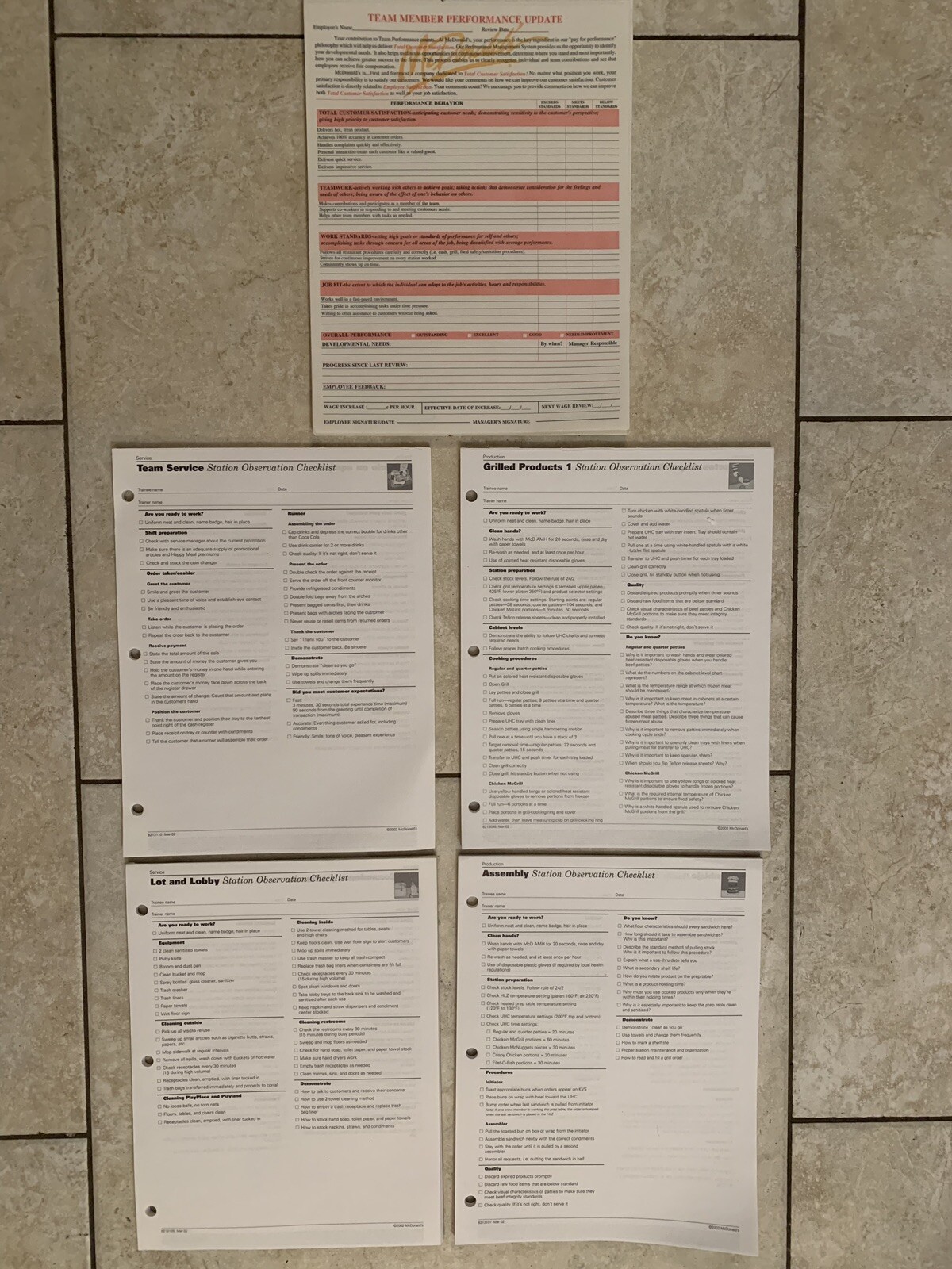 McDonald’s Employee Management Review Paperwork Kitchen Training Checklist Lot
