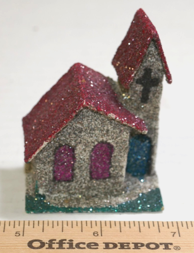 Set Of 5 Vintage Mini Putz Village Glitter Houses & Church-Japan Sticker