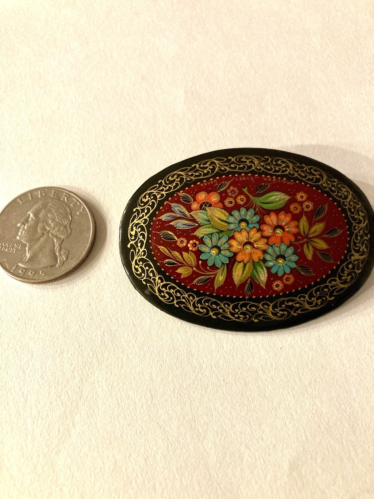 Vintage Oval Painted Button Black ,Red Floral Pattern Gold Trim One Large Button