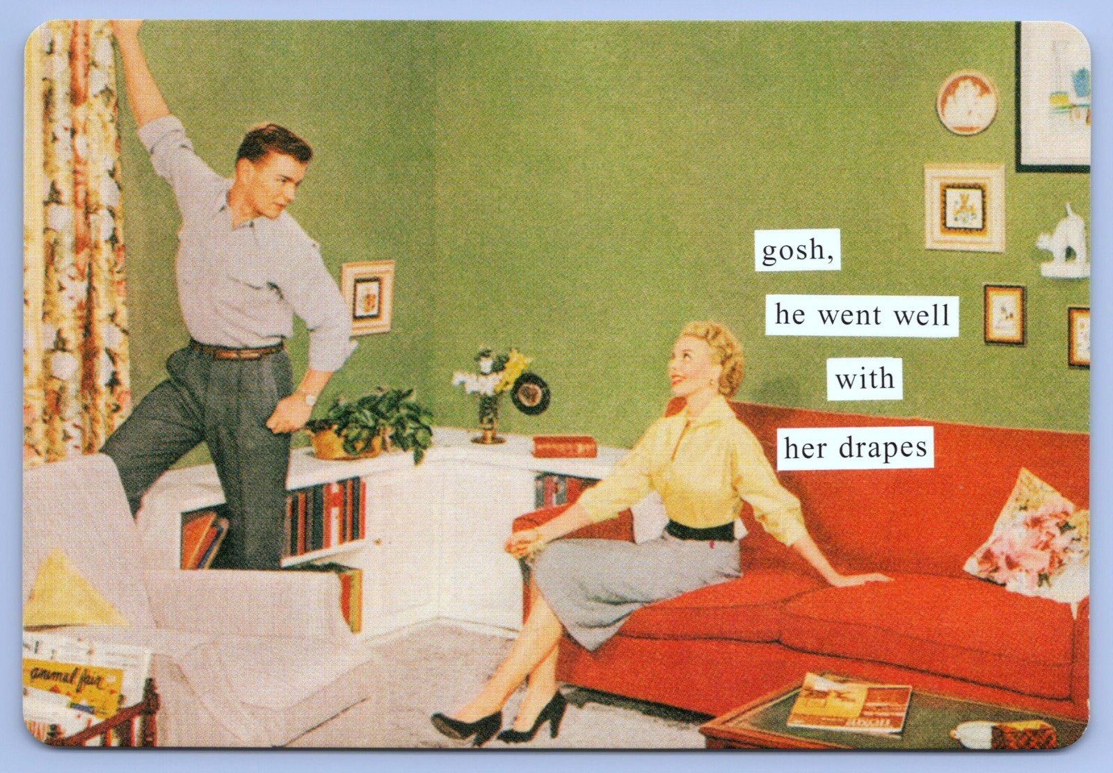 He Went Well with Her Drapes Retro Romance Anne Taintor Domestic Humor Postcard