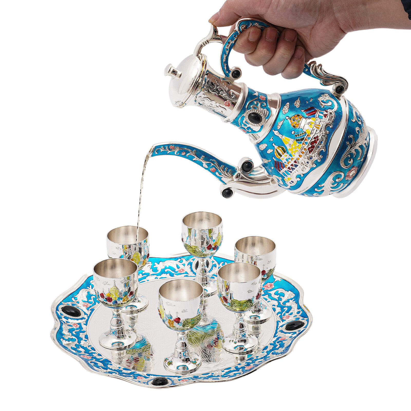 Antique Zinc Alloy Tea Set 800ml Teapot 6 × 50ml Cups Castle Pattern