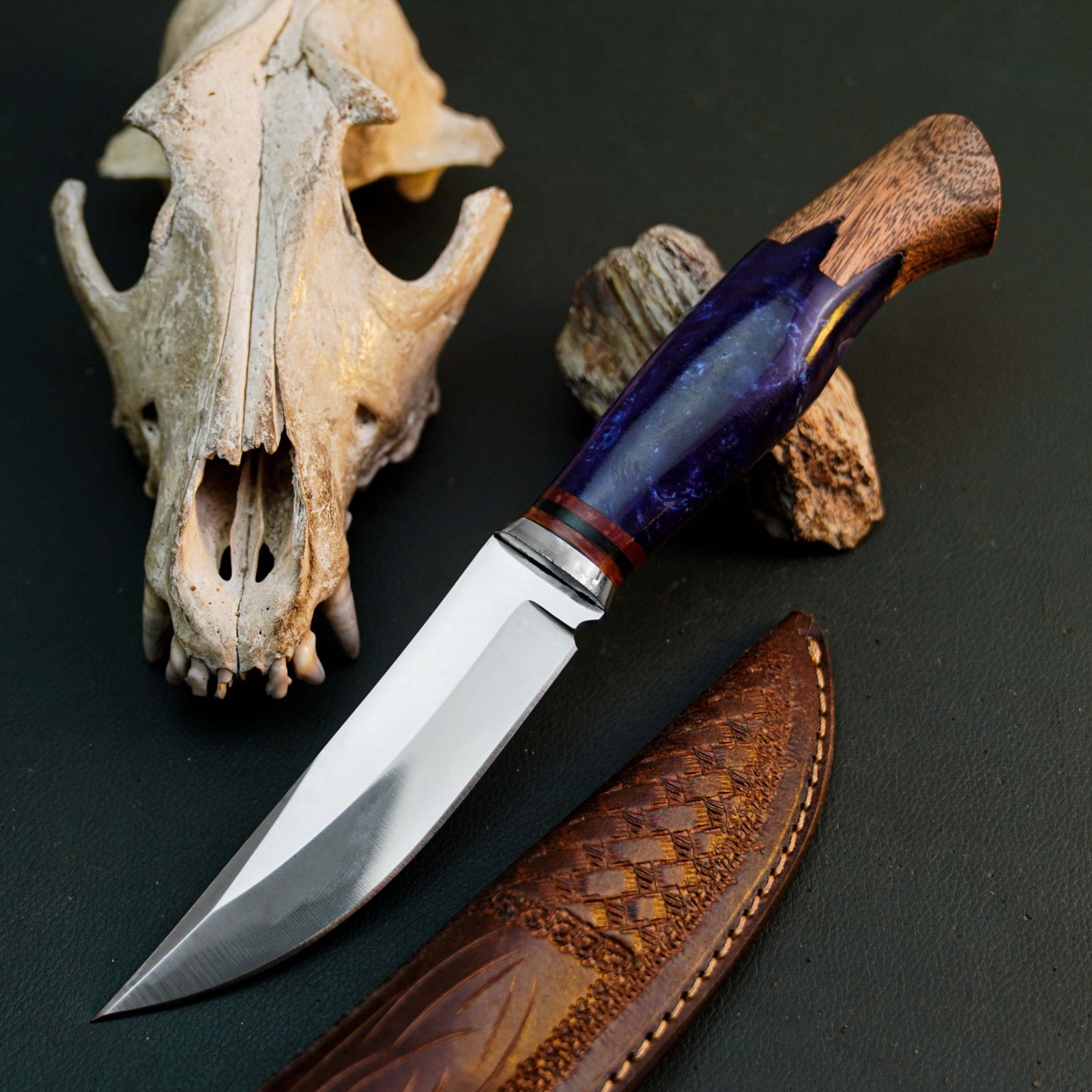 9.8 inch D2 Tactical Knife Half Tang Resin Handle Fixed Blade Leather Sheath