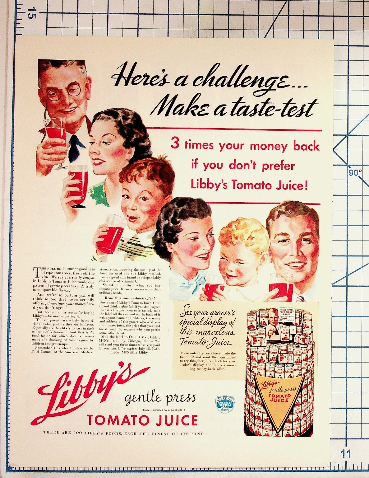 1937 Libby’s Tomato Juice Vintage Print Ad Family Taste-Test Money Back Offer