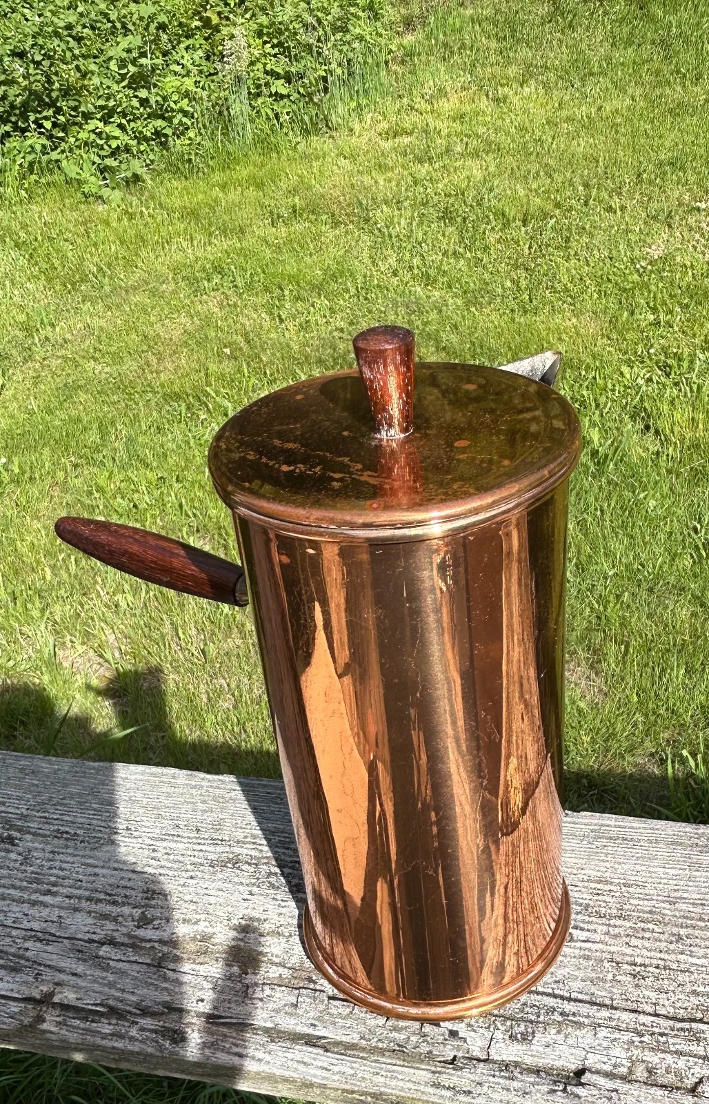 Vtg. Lined Copper Coffee Chocolate Tea Pot MCM Decorative Metal w Wood Handles
