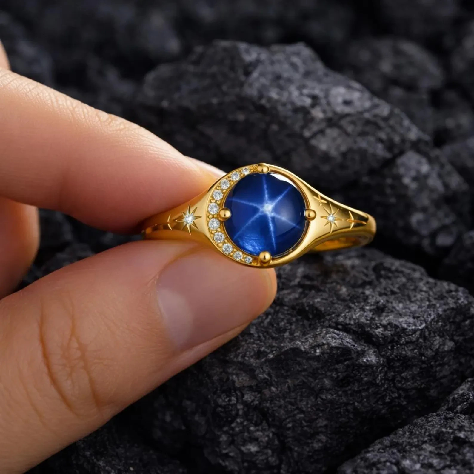 Estate Sapphire & Diamond 18K Yellow Gold Over Star Celestial Crescent Moon Ring