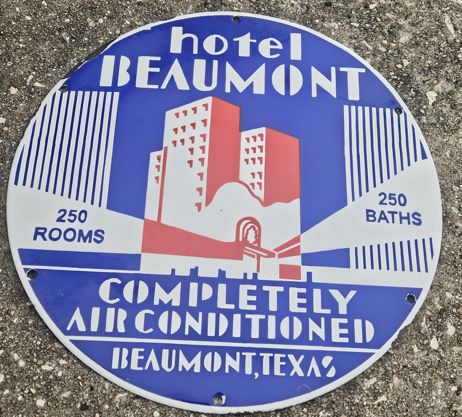 Beaumont Hotel Sign Porcelain Enamel Advertising 18″ Round Texas