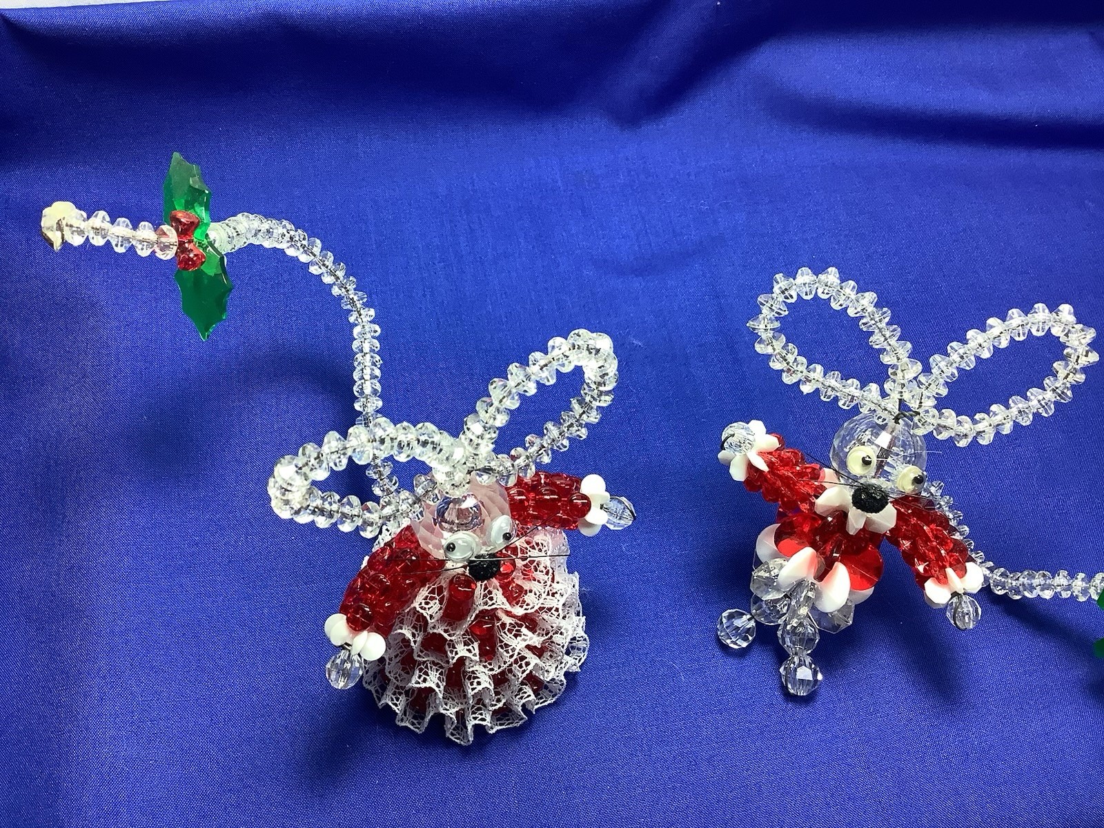 Pair Vintage Beaded Mr. Mrs. Mouse Christmas Ornaments Red & White Holly XX14