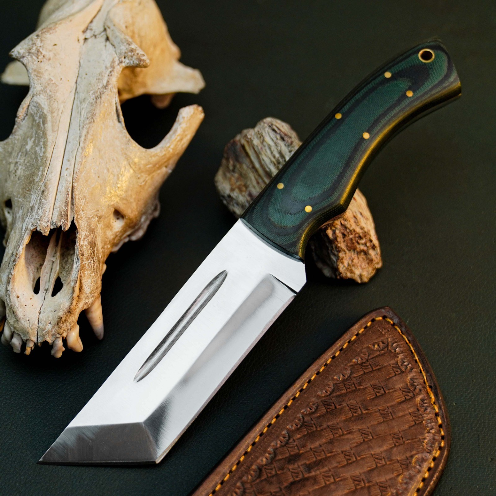 9.1″ D2 Tactical Camp Knife Full Tang Micarta Handle Fixed Blade Leather Sheath