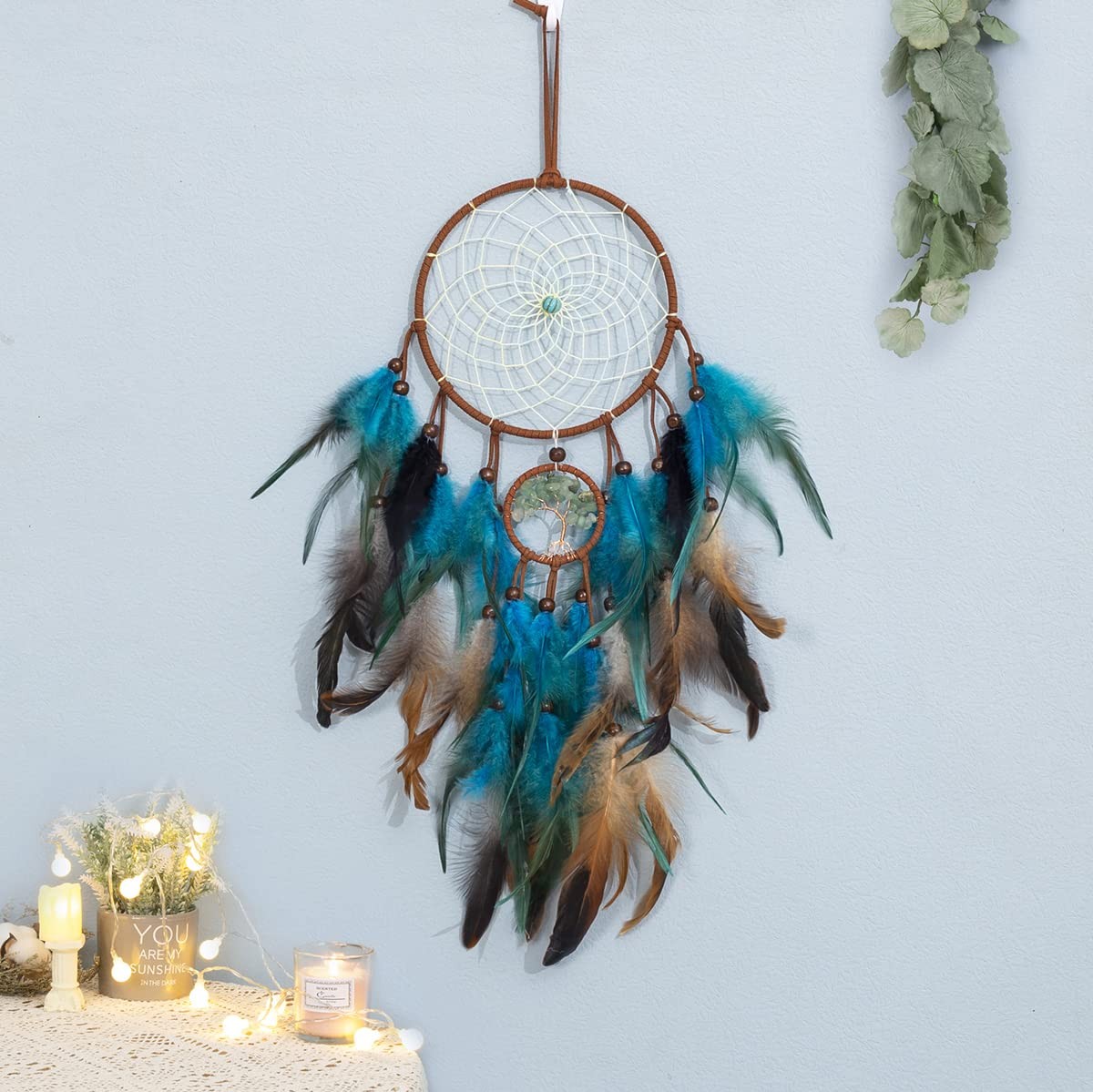 Dream Catcher Blue Tree of Life with Feathers, Handmade Indians Traditional C…
