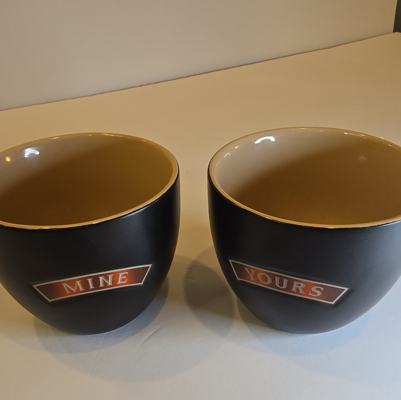 2-Piece Round Ceramic Bowl Set, Black/Beige Text “MINE” & “YOURS”