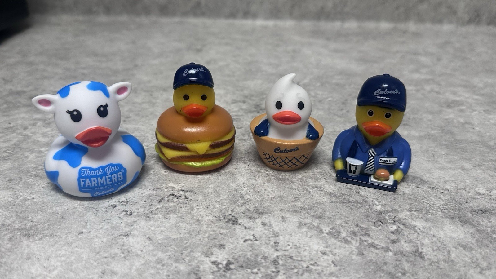 Culver’s Promotional Ducks – Set of 4 – with Limited Edition Cow Print Duck