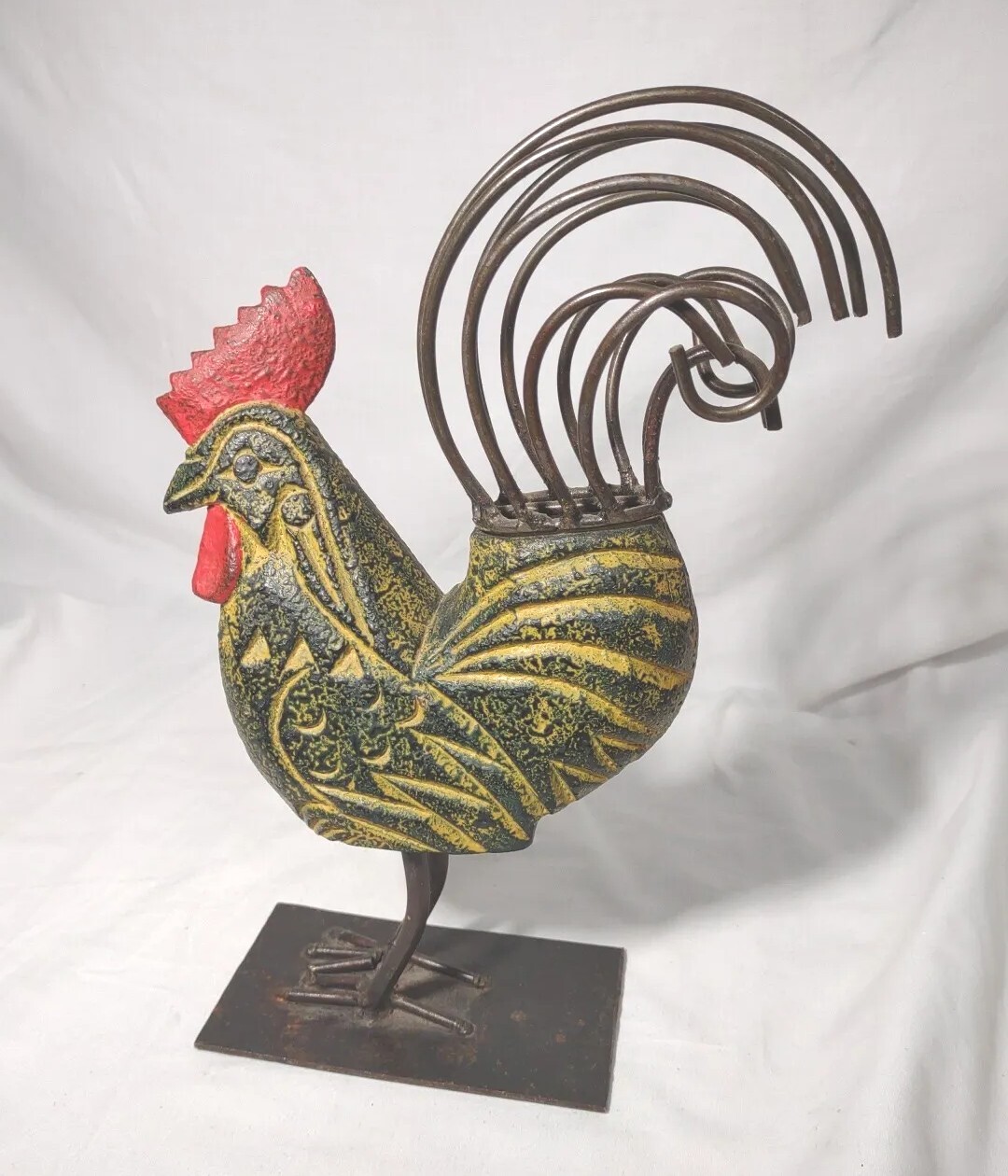 Rooster Statue Wire Legs and Tail Feathers Metal Body Yellow & Black w/Red Comb