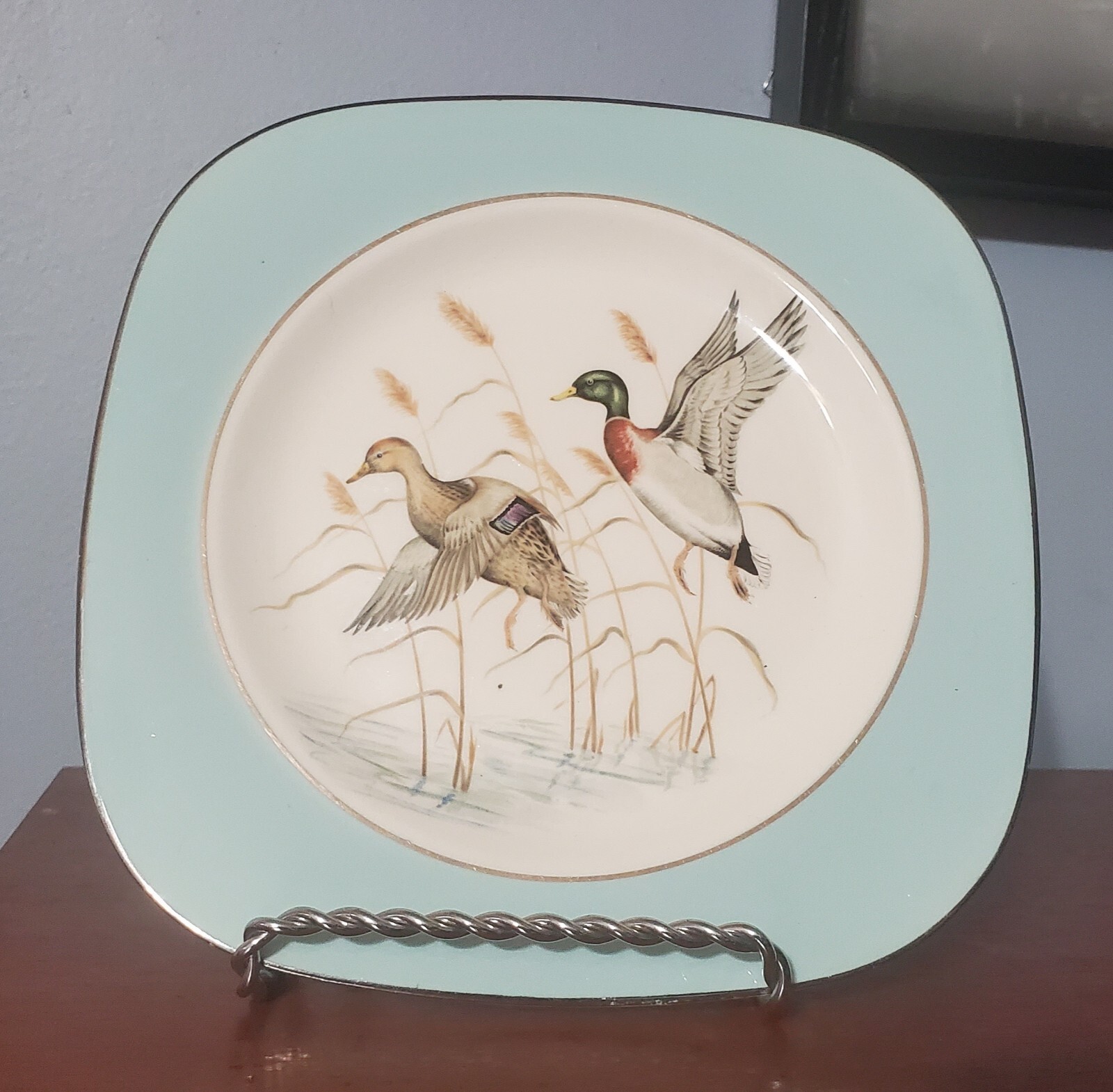 Vtg Square Mallard Collector Plate Blue International China Co Alliance Ohio