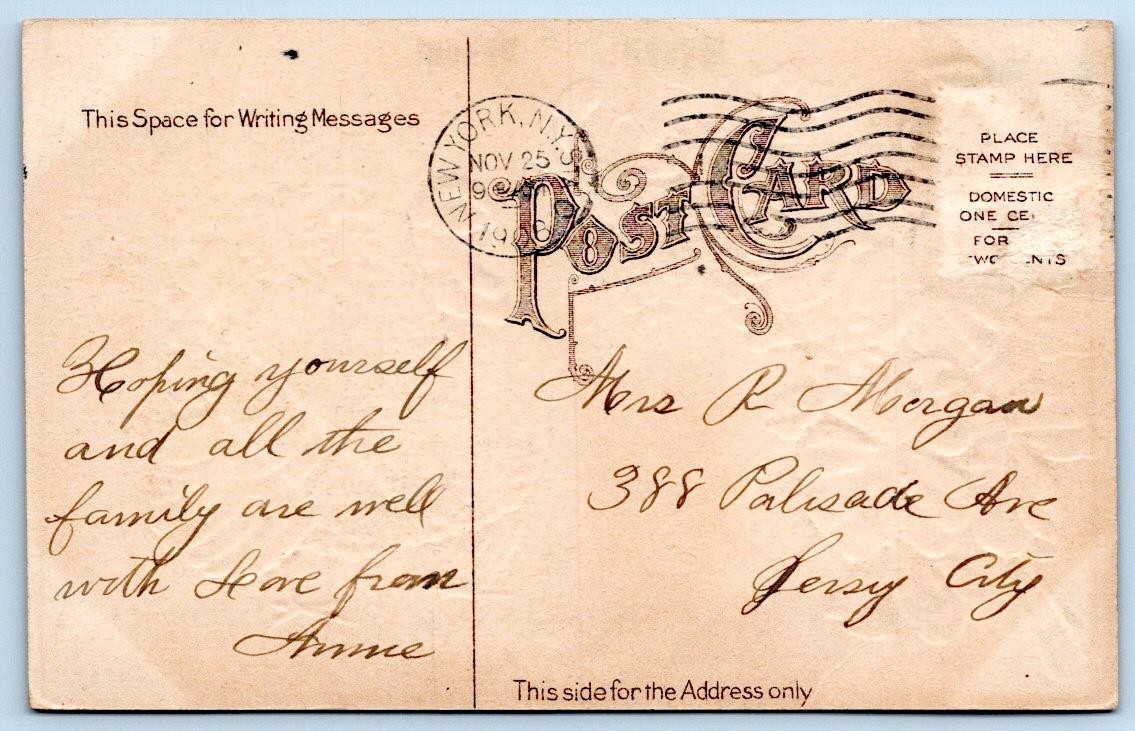 1908 THANKSGIVING GREETINGS TURKEY PANSIES ANTIQUE POSTCARD