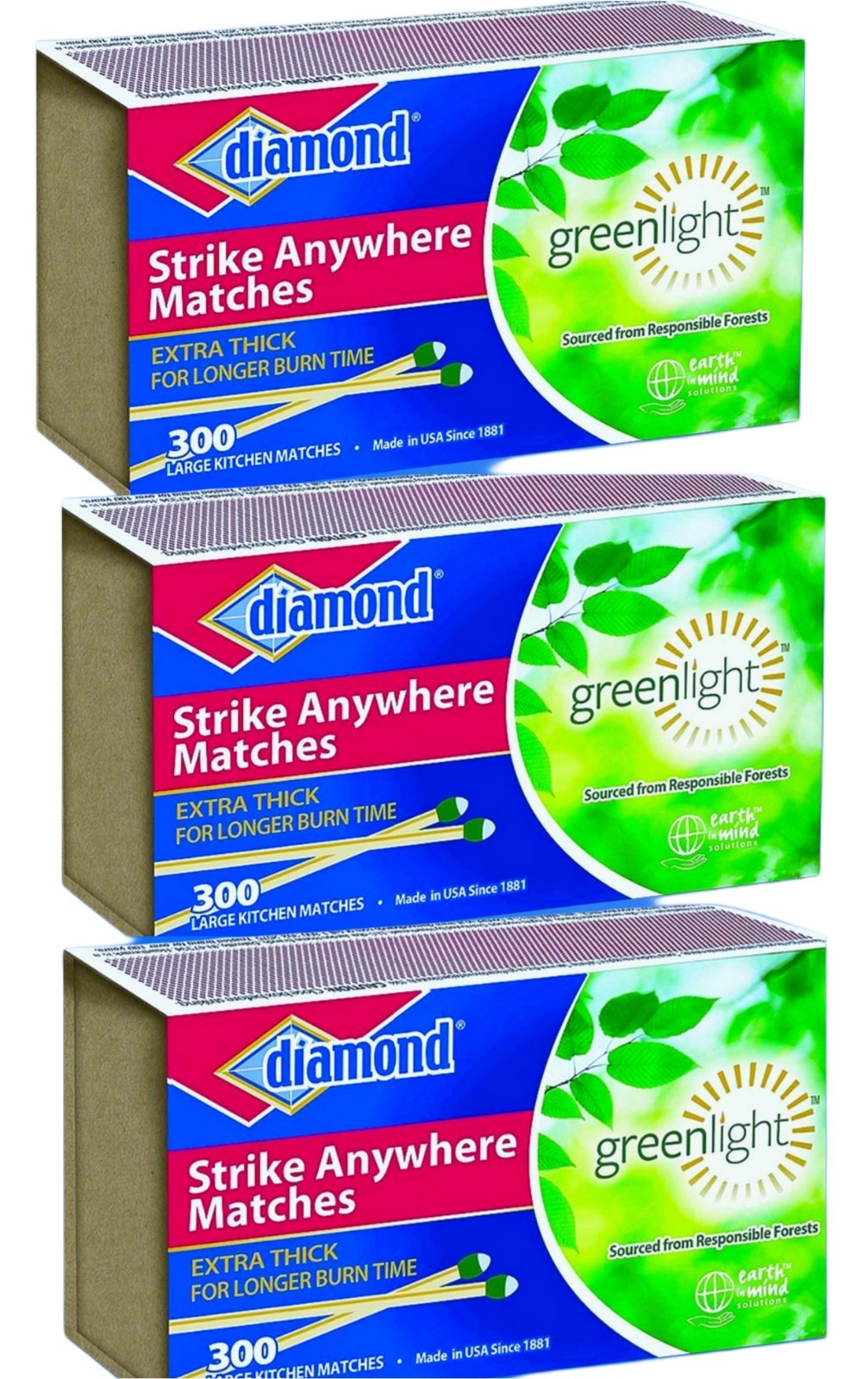(3 boxes) Diamond Strike Anywhere Matches (300 per box/900 Total) New Sealed
