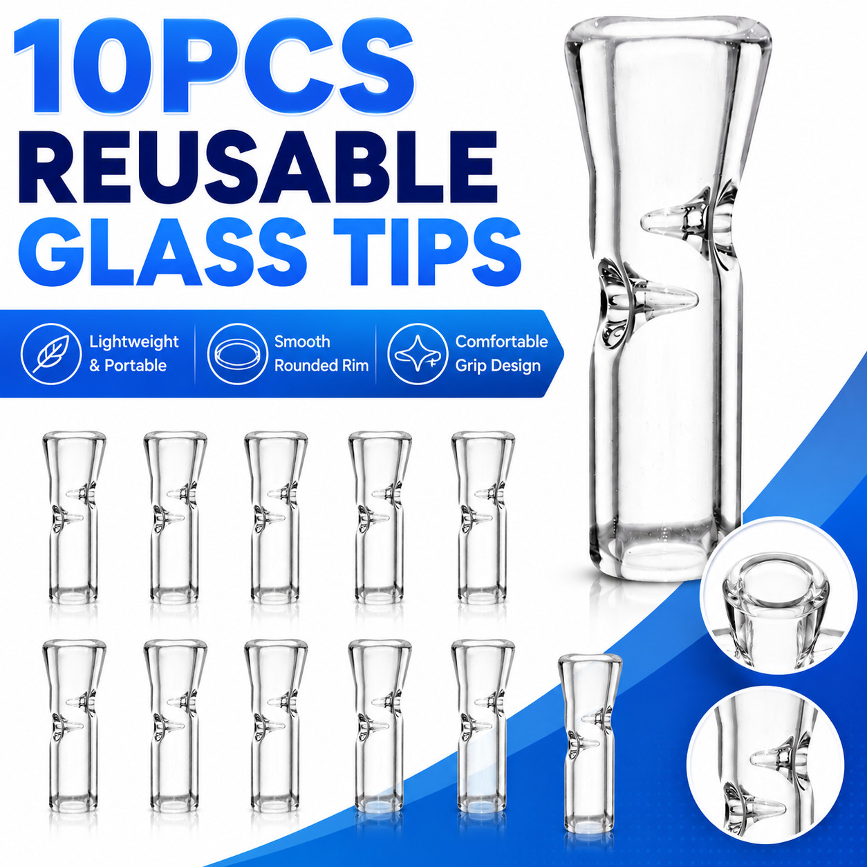 Medium Size Glass Filter Tips for Cigarettes 10PCS Transparent Ø9mm OD 35mm Pack