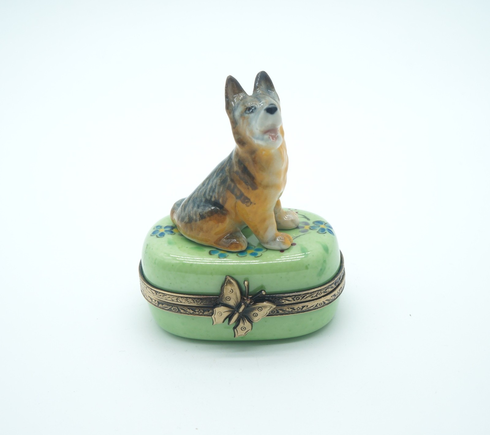 New French Limoges Trinket Box Cute Yorkie Dog Puppy on Beautiful Floral Box