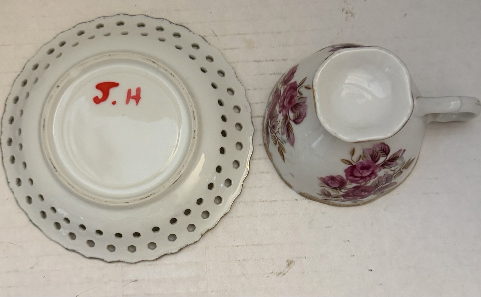 Vintage Porcelain Tea Cup and Saucer with Purple Floral Pattern and Gold Trim