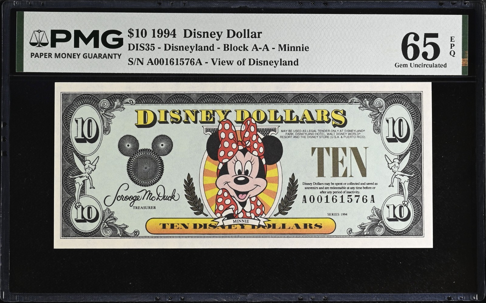 RARE 1994 A $10 Disney Dollar Minnie PMG 65EPQ DIS35 A00161576A Disneyland