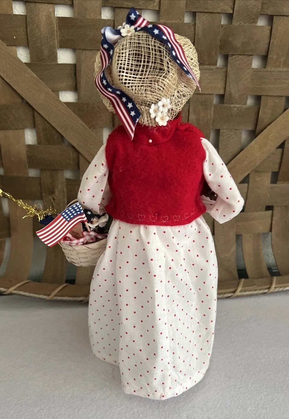 Byers Choice 4th Of July Woman w/Picnic Basket Cake Sparkler & Sign, Redressed