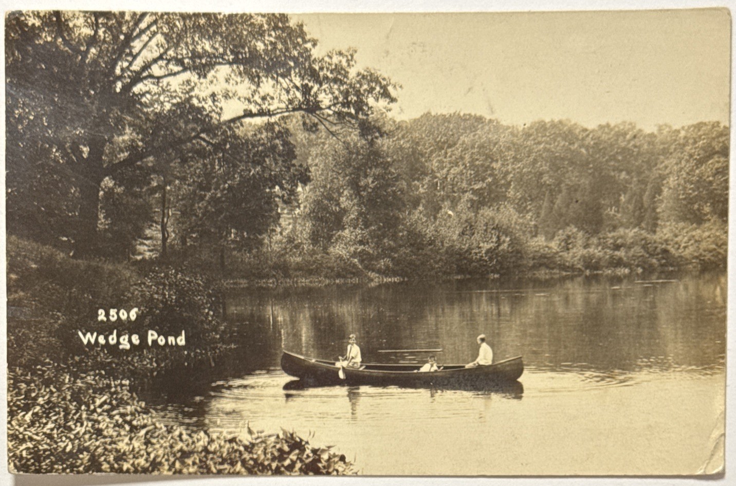 Wedge Pond Winchester MA Massachusetts People Canoe RPPC Postcard
