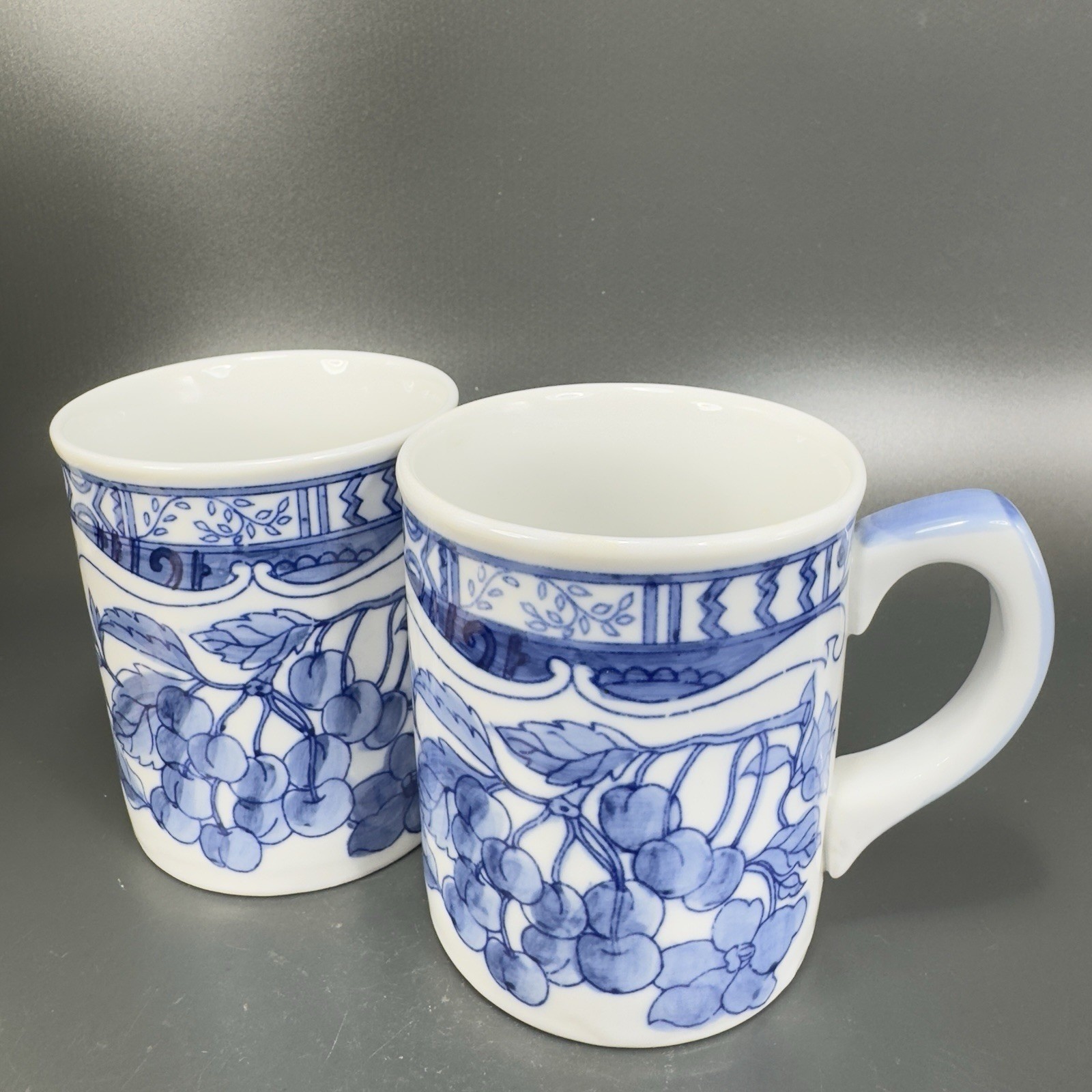 1995 Jardin Blue Cardinal Ceramic Coffee Mug Cup Set 2 Blue White Fruit Cherry