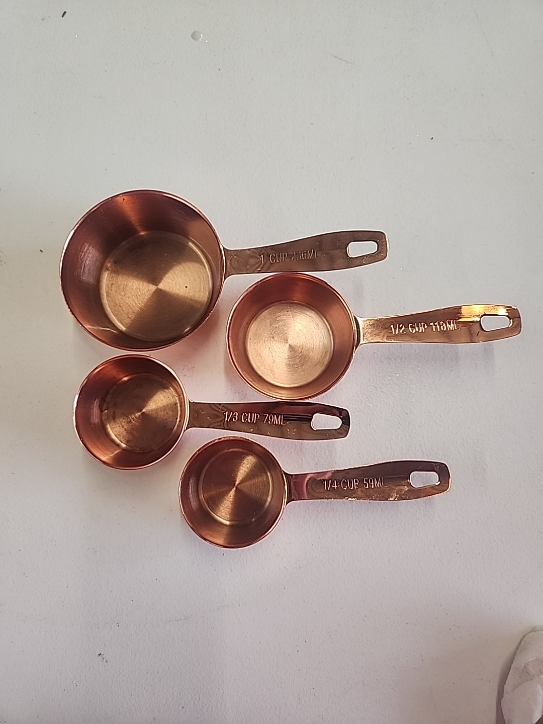 Vintage Set of 4 Copper Measuring Cups Brass Handles Nested Hanging Decor Gift
