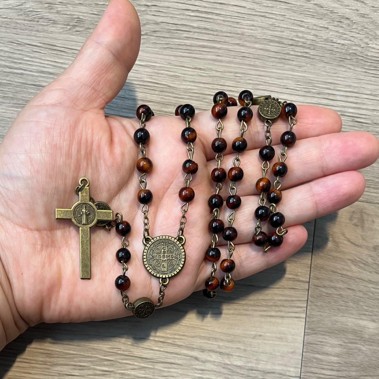 St Benedict Medal Rosary Bronze Beads 6mm with Pouch Rosario de San Benito