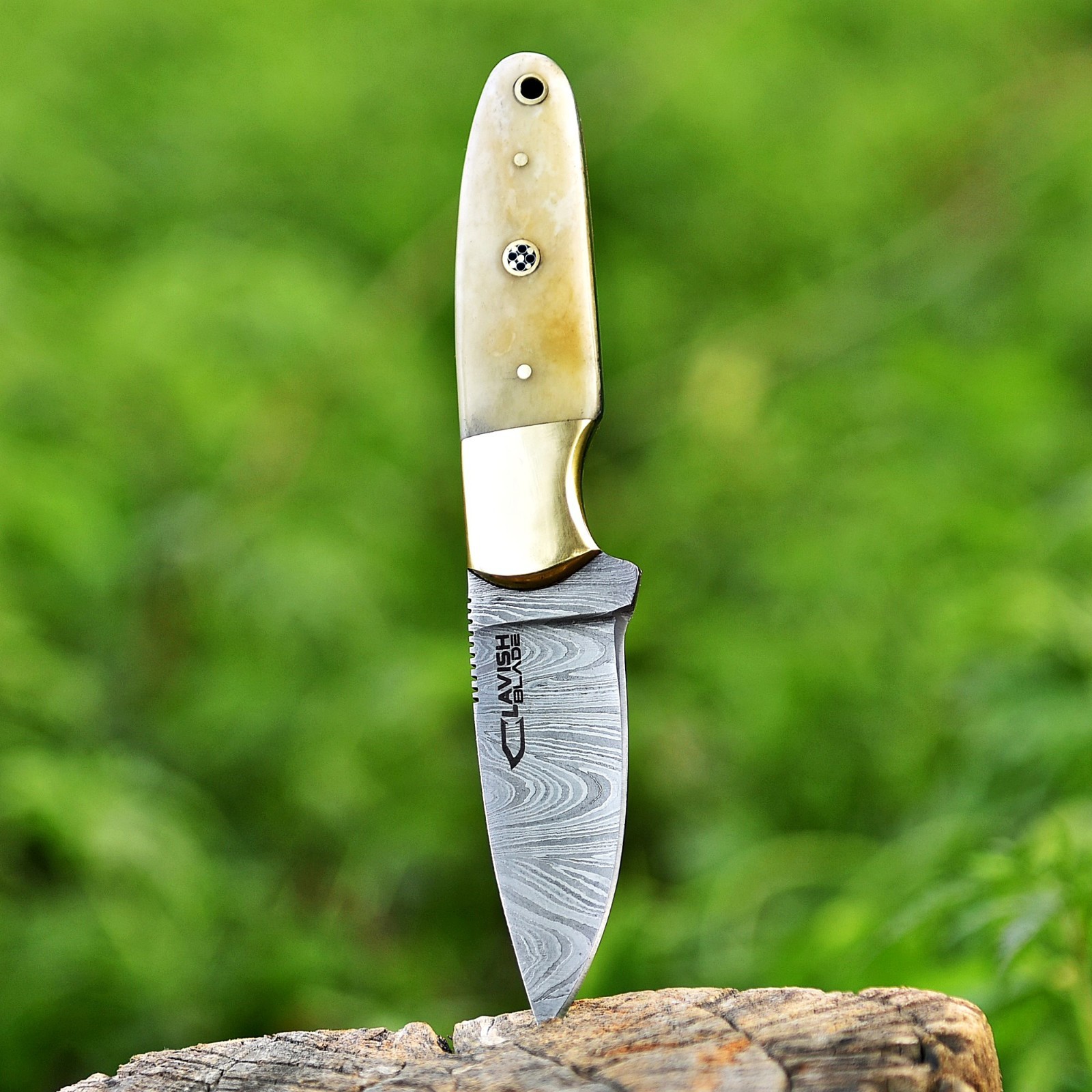 Handmade Damascus Skinner Knife Bone Brass Handle Mosaic Pin Fixed Blade Leather