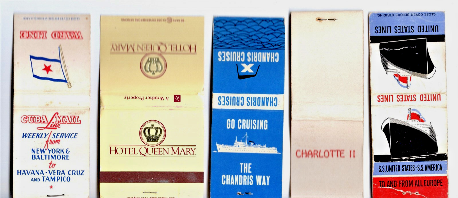 Five Vintage Steamship Match Book Covers SS United States Queen Mary Cuba Mail +