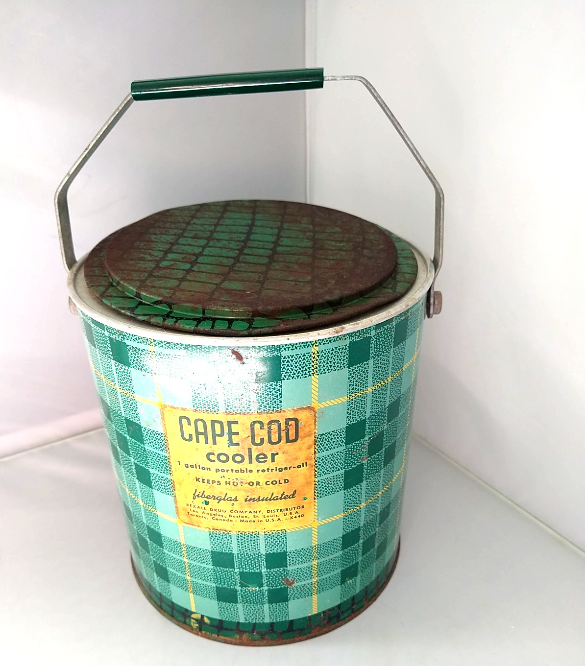 Cape Cod Refrigerall Rexall Drug Vintage 1 Gal Portable Cooler Green Plaid Vtg