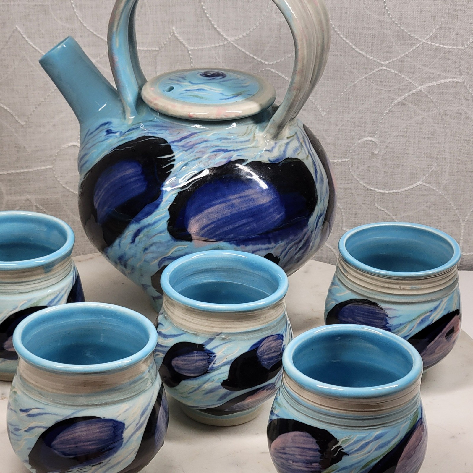 Earline Allen Fine Art Pottery Teapot Set 5 Cups Blue Abstract Artisan Signed