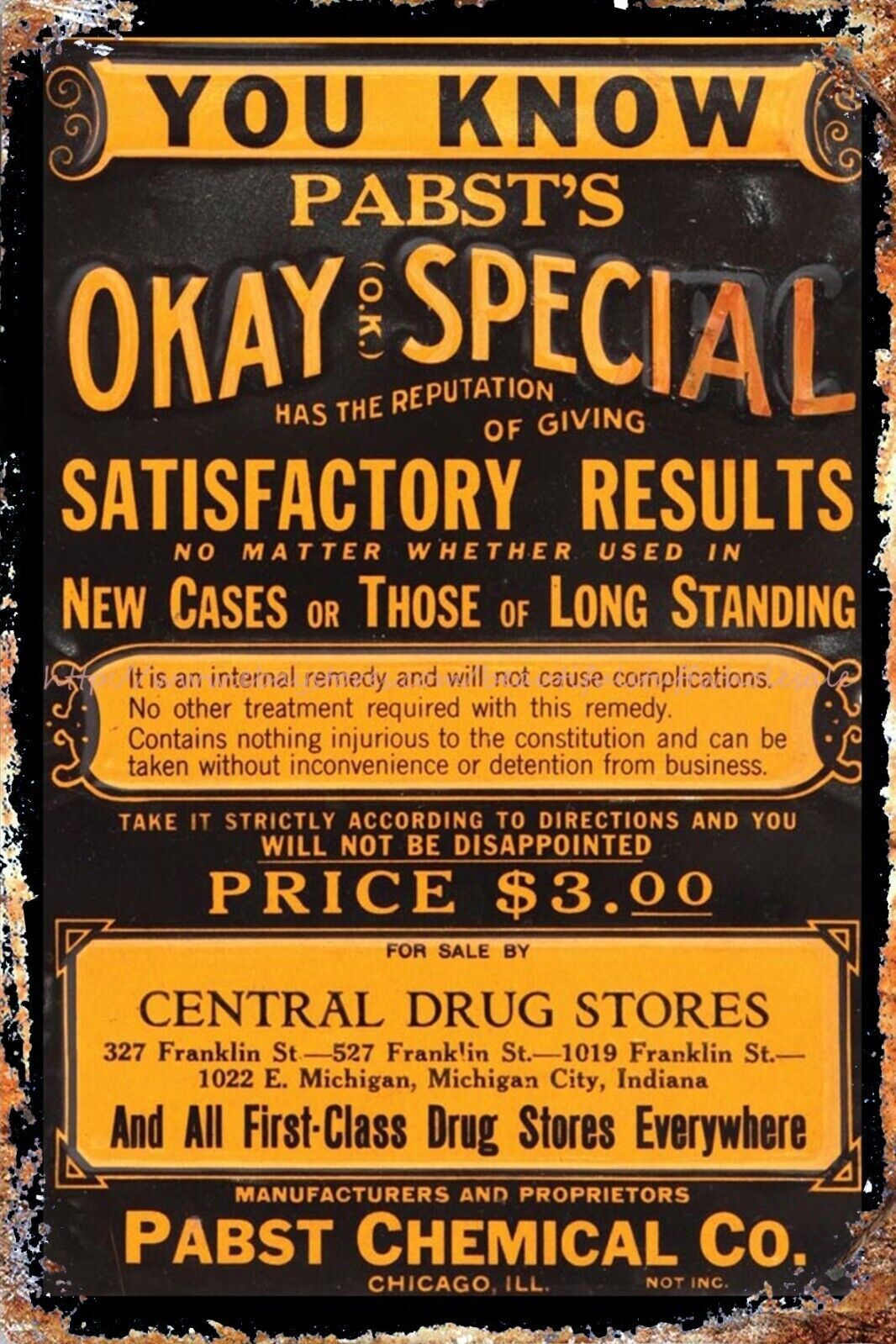 1920’s Chemical OKAY SPECIFIC Drug Store Sign quack medicine art