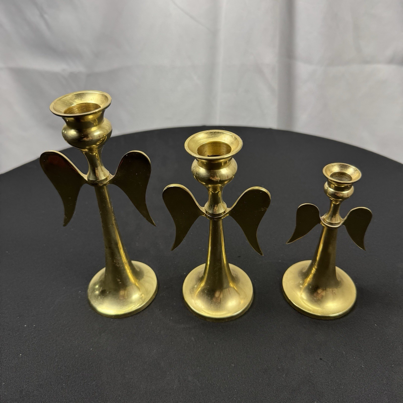 Vintage Solid Brass Candle Stick Holders Graduated Angels Wings Set Of 3 India