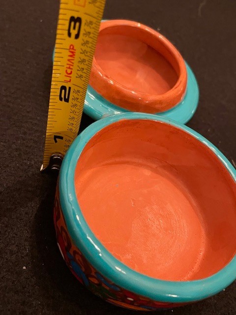 Handpainted Mexico Folk Art Celestial Terra Cotta Trinket box 3X1.25″ Round A+