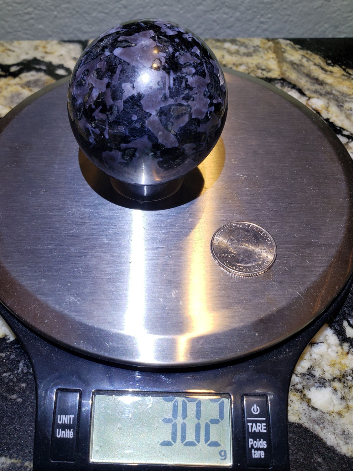 2.25″ Indigo Gabbro Mystic Merlinite Blizzard Stone Crystal Sphere Scratch