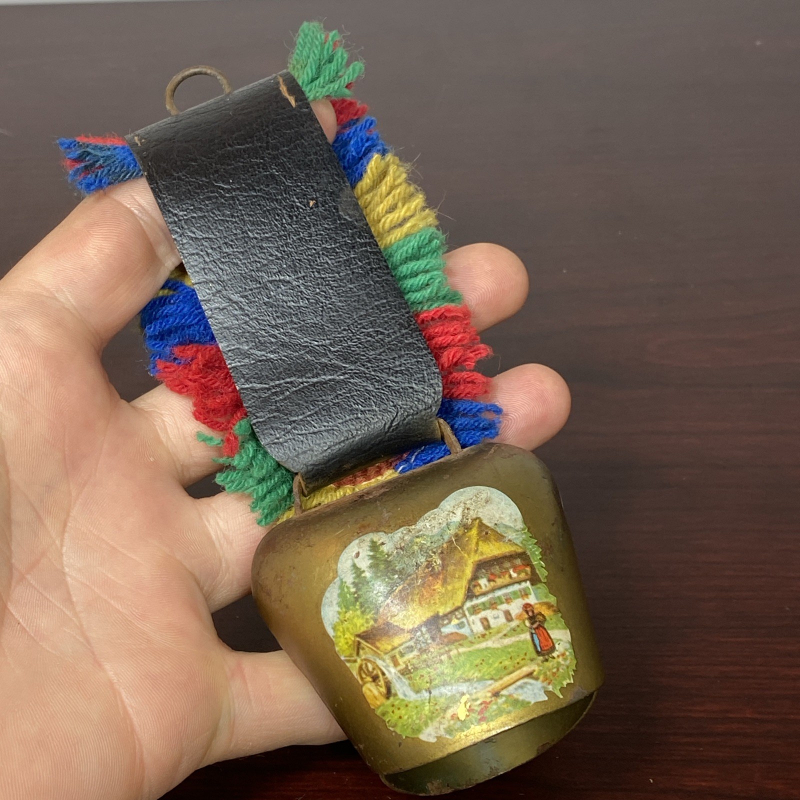 Brass Swiss Cow Bell Multi Color Fringed Leather Strap Vtg 6” Cottage Landscape